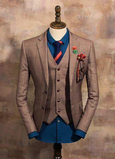  英倫復古咖啡格單排兩粒扣修身西裝潮 男士雅痞西服外套