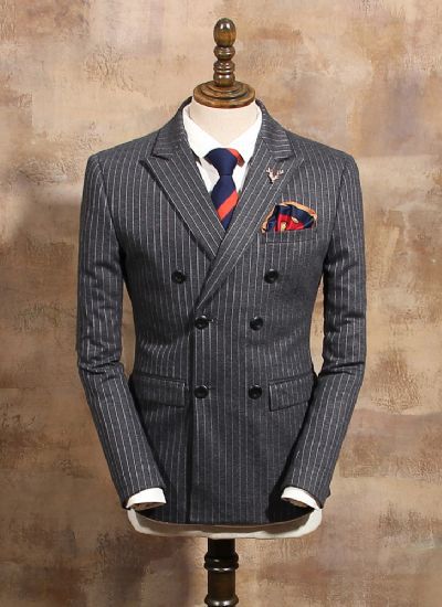 英倫雅痞西服外套 復(fù)古灰條紋雙排兩?？勰惺考雍裥奚砦? width=